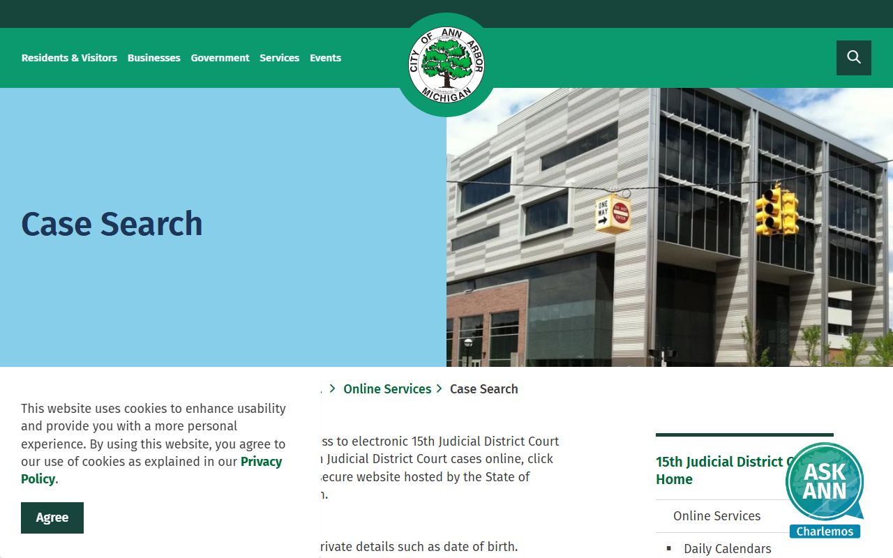 Ann Arbor court case search page for finding court docket records