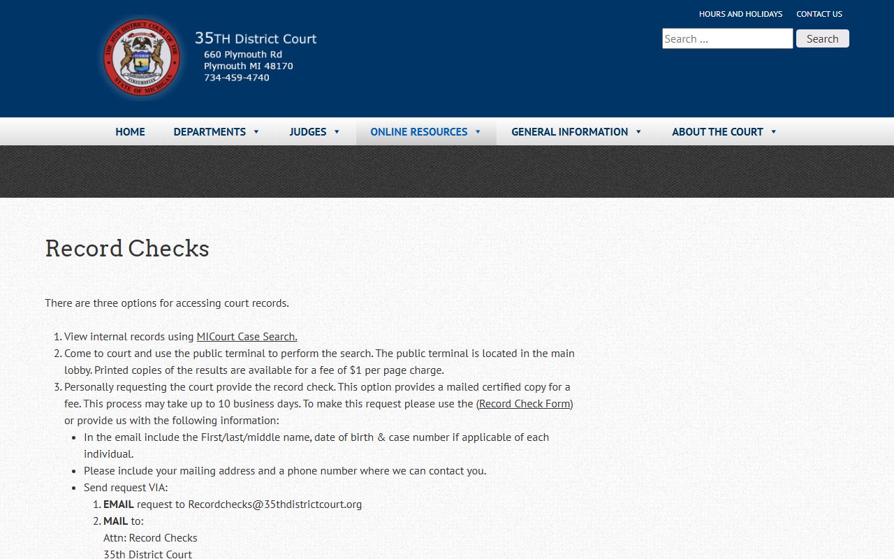 35th District Court records page for Canton Township court docket access