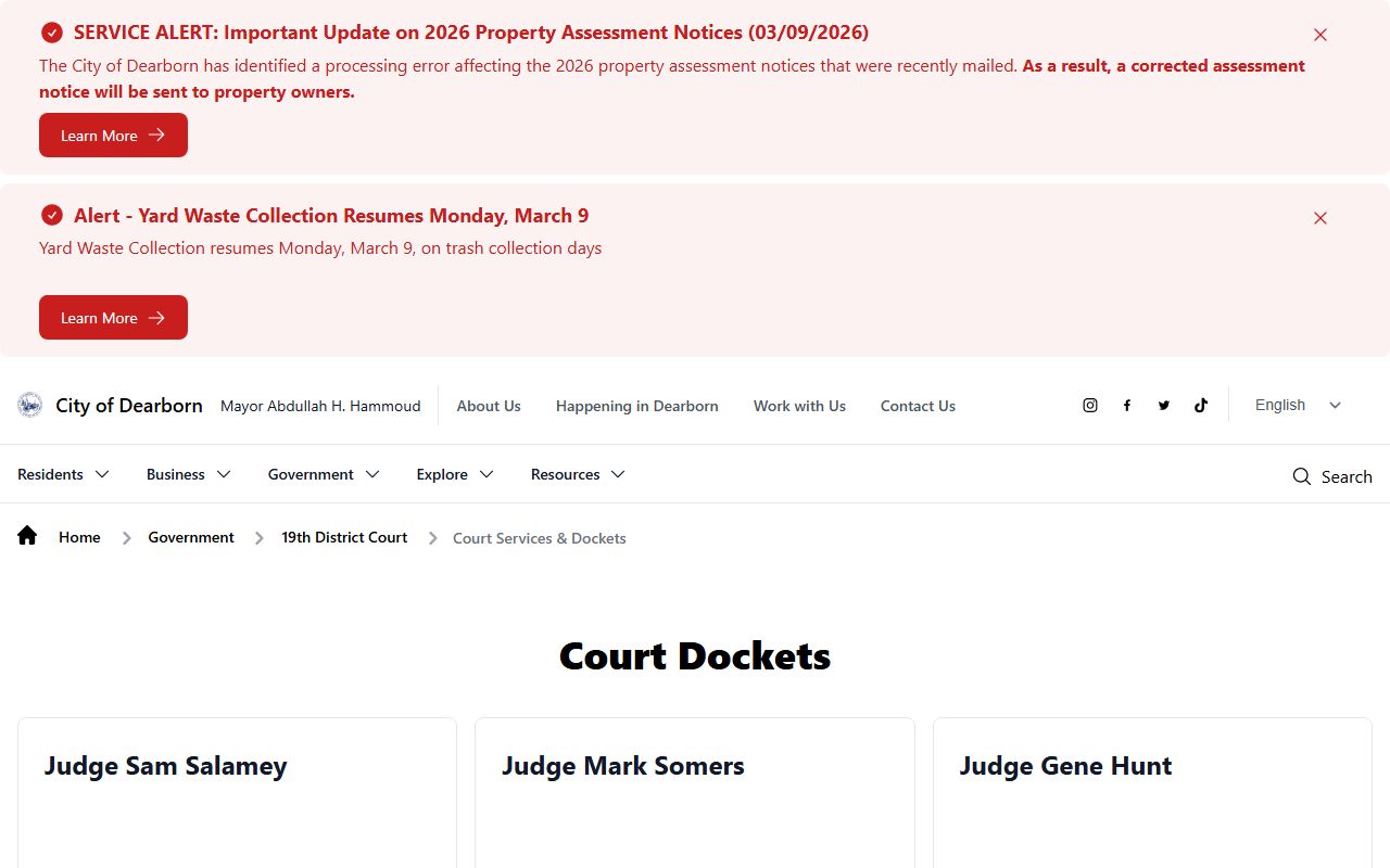 Dearborn court information page for court docket records access
