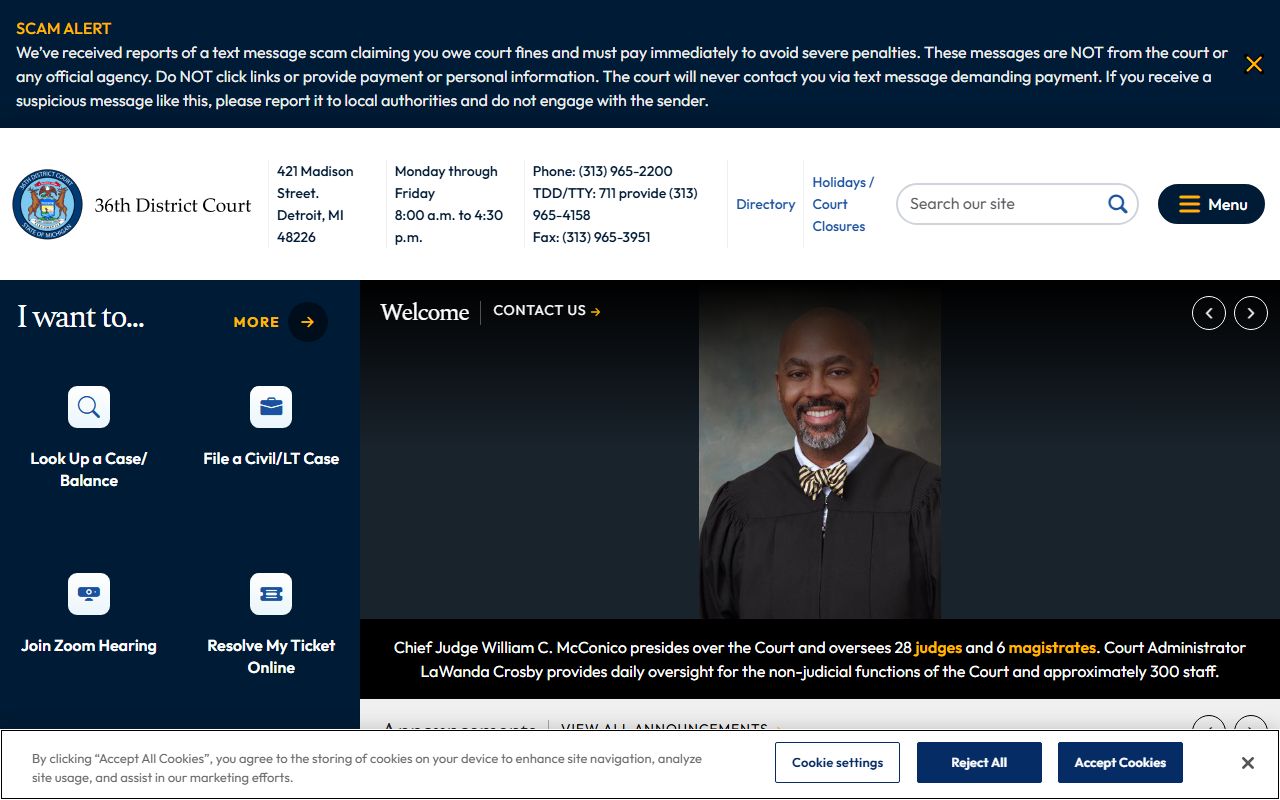 36th District Court website for Detroit court docket search