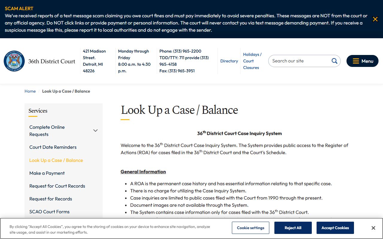 Detroit court case inquiry system for searching court dockets