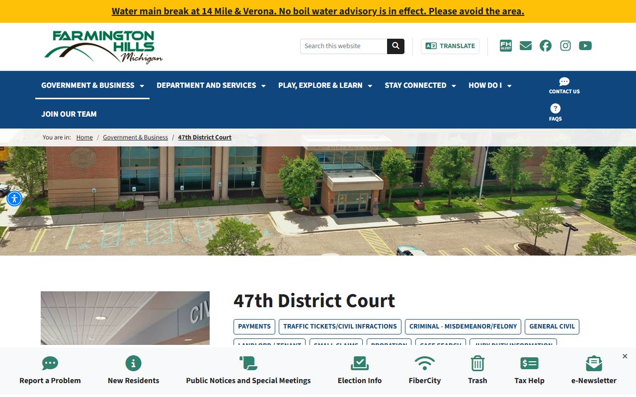 47th District Court website for Farmington Hills court docket access