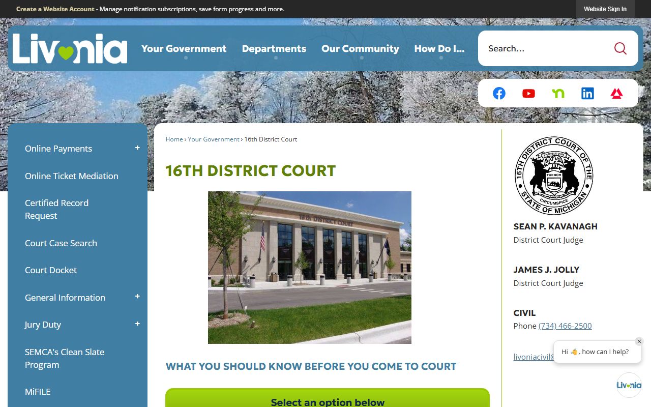 Livonia 16th District Court website for court docket search