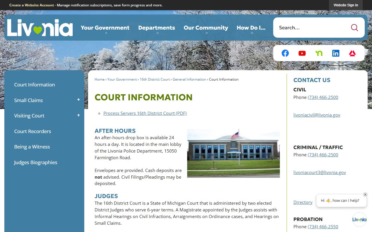 Livonia court information page for 16th District Court docket access