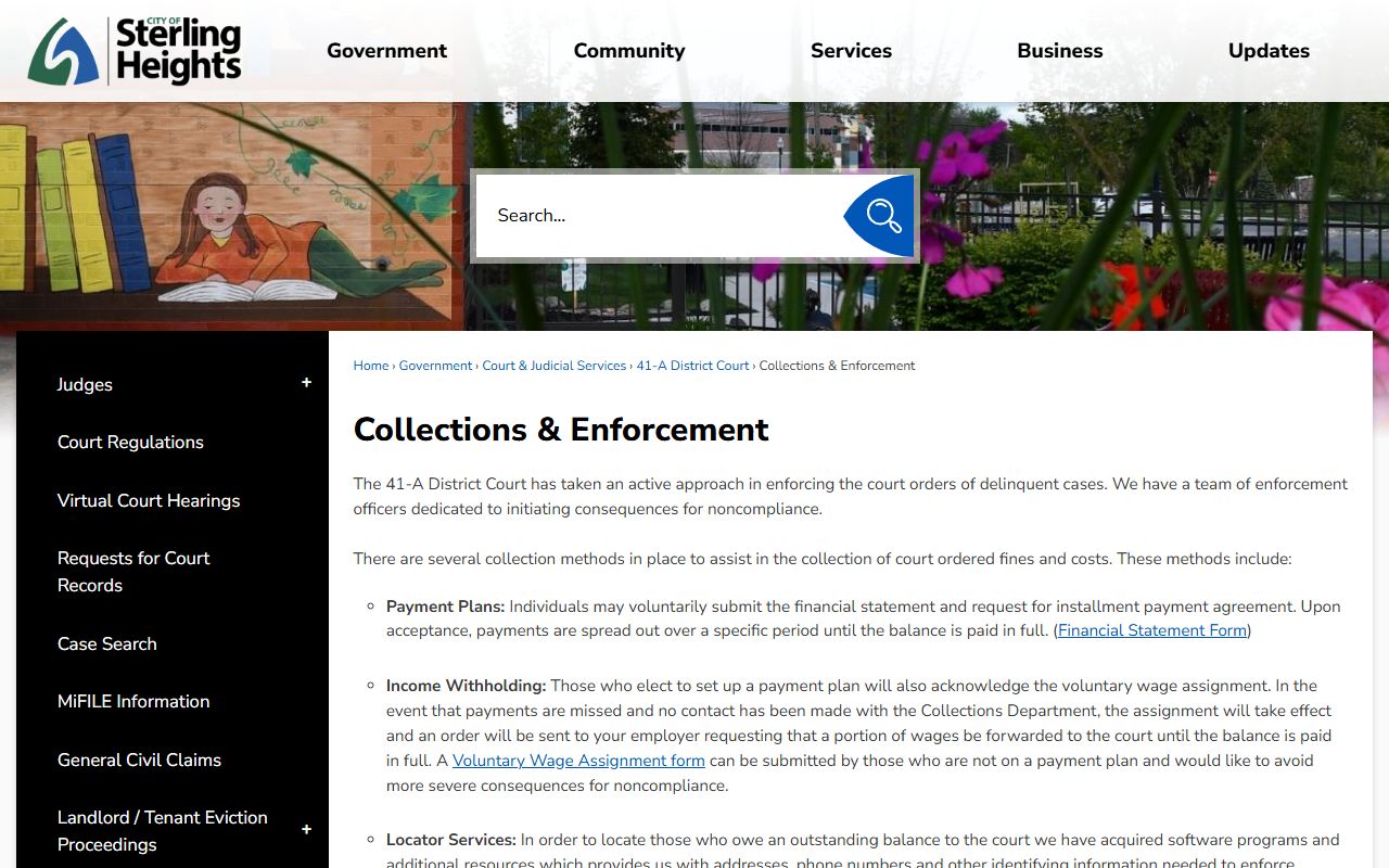 Sterling Heights collections enforcement page for court docket fines