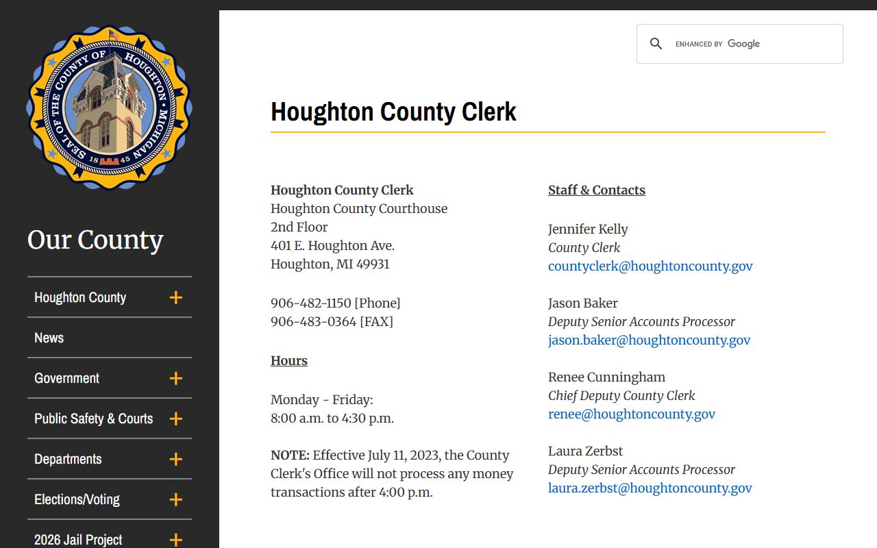 Houghton County clerk office for court docket records