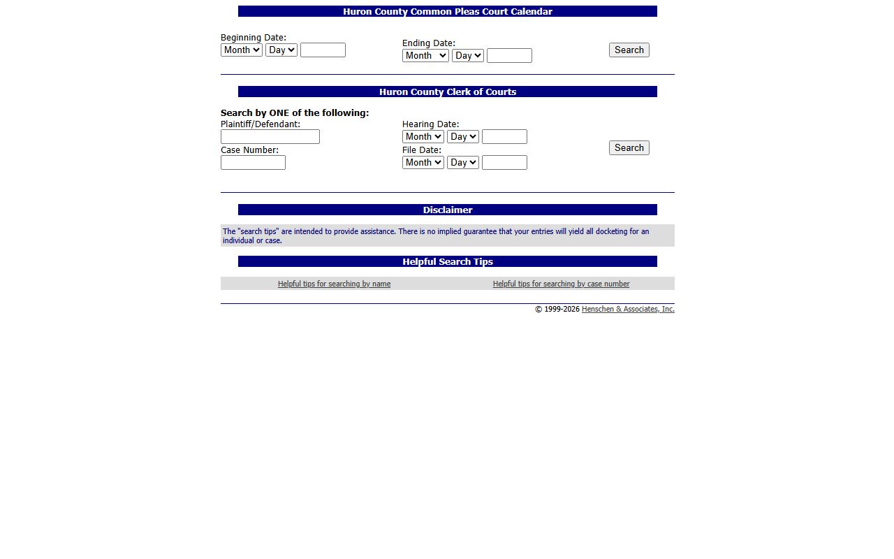 Huron County court docket case search portal