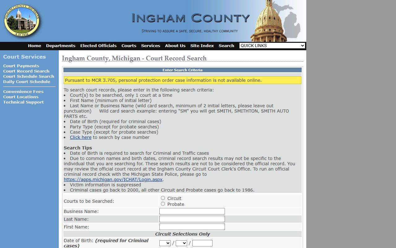 Ingham County court docket record search portal
