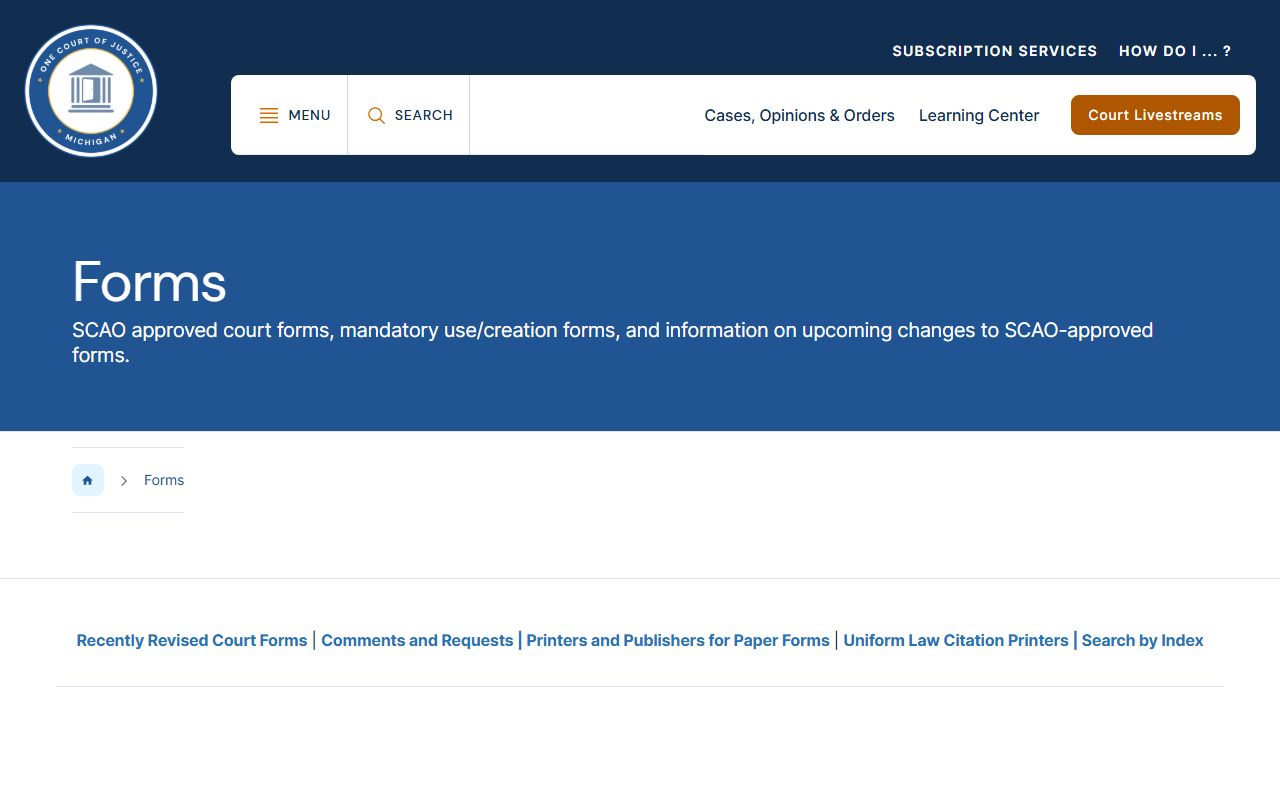 Michigan SCAO court forms page for court docket filings